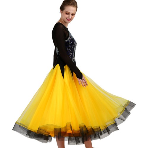 Custom ballroom competition dress for women black yellow patchwork diamond waltz tango stage performance long dresses